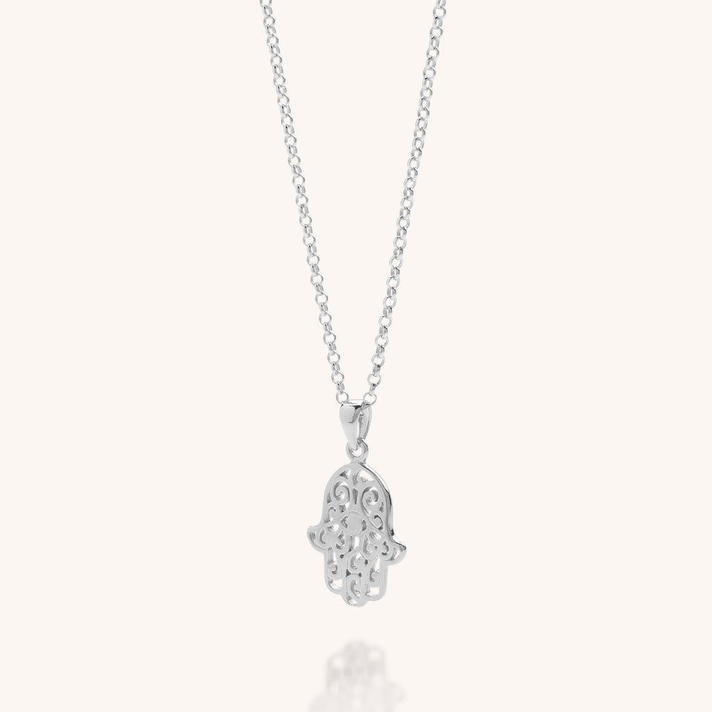 Nellou sterling silver hamsa hand necklace, hand of fatima necklace on eco silver chain perfect for layering, layered necklace