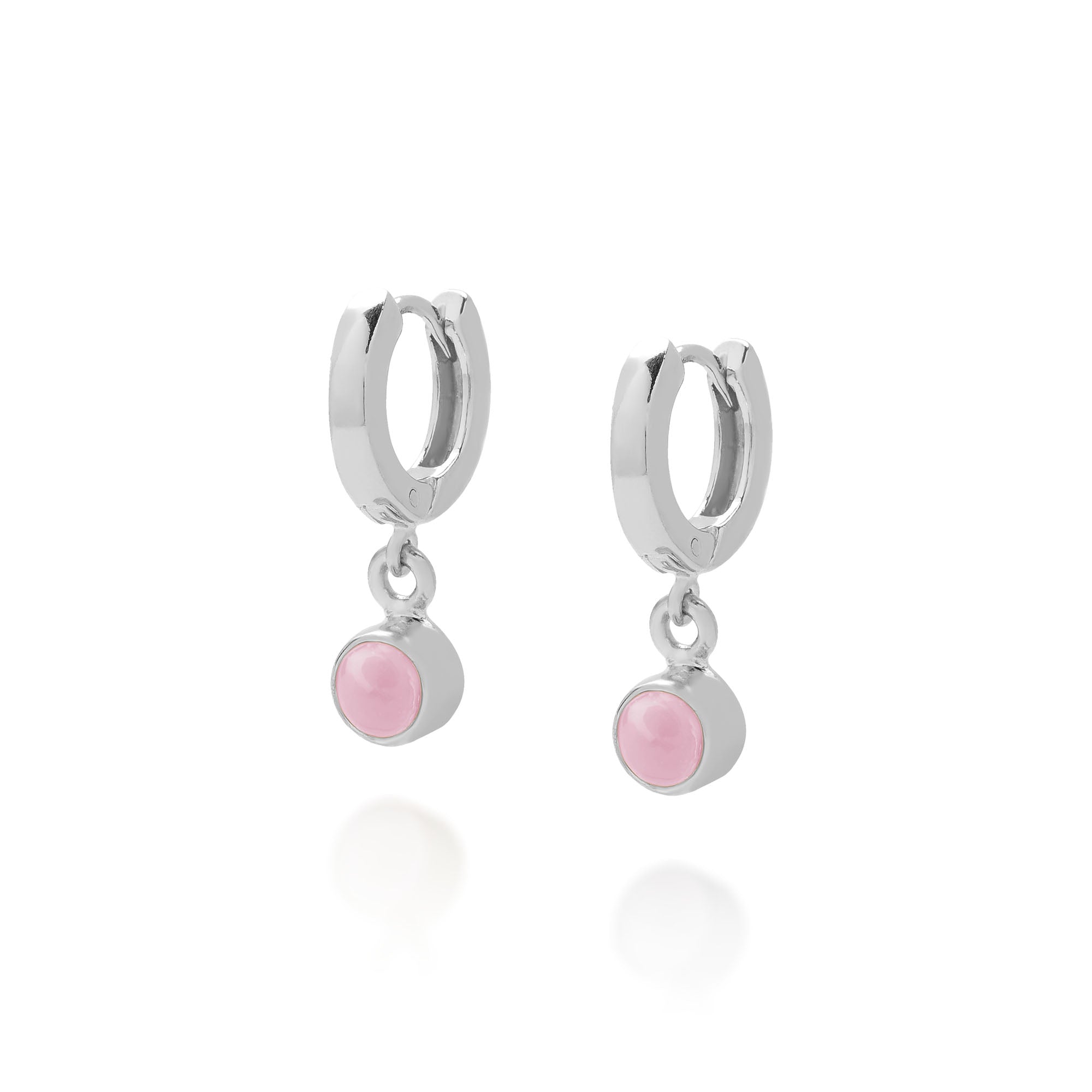 The Gem Hoop Birthstone Earrings are sterling silver hoops adorned with small pink natural gemstones, shown on a white background.