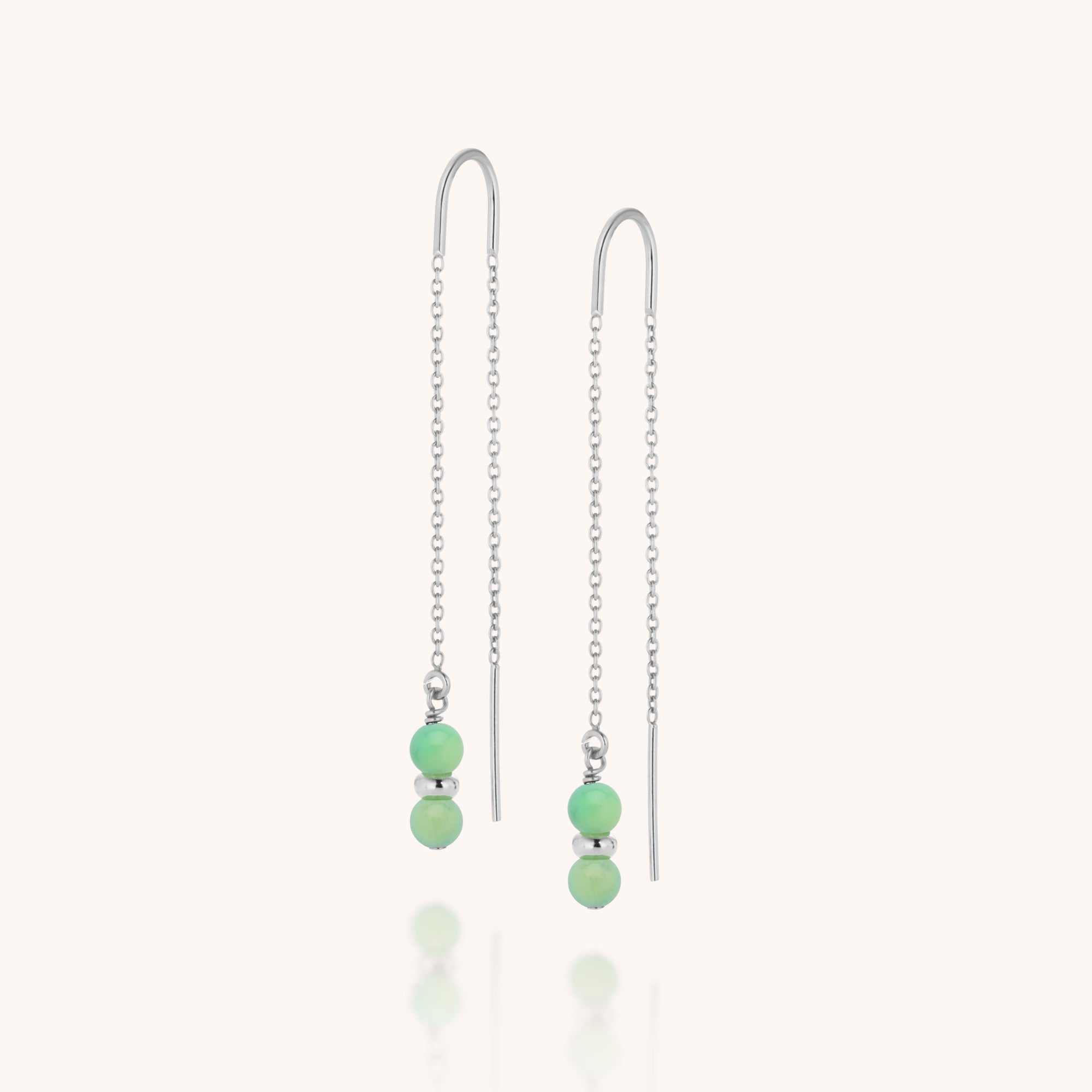 Fall Earrings Birthstone May: Silver chain earrings with delicate strands, each adorned with two small round chrysoprase beads—Mays birthstone—and a silver accent bead at the bottom. Shown on a plain light background.