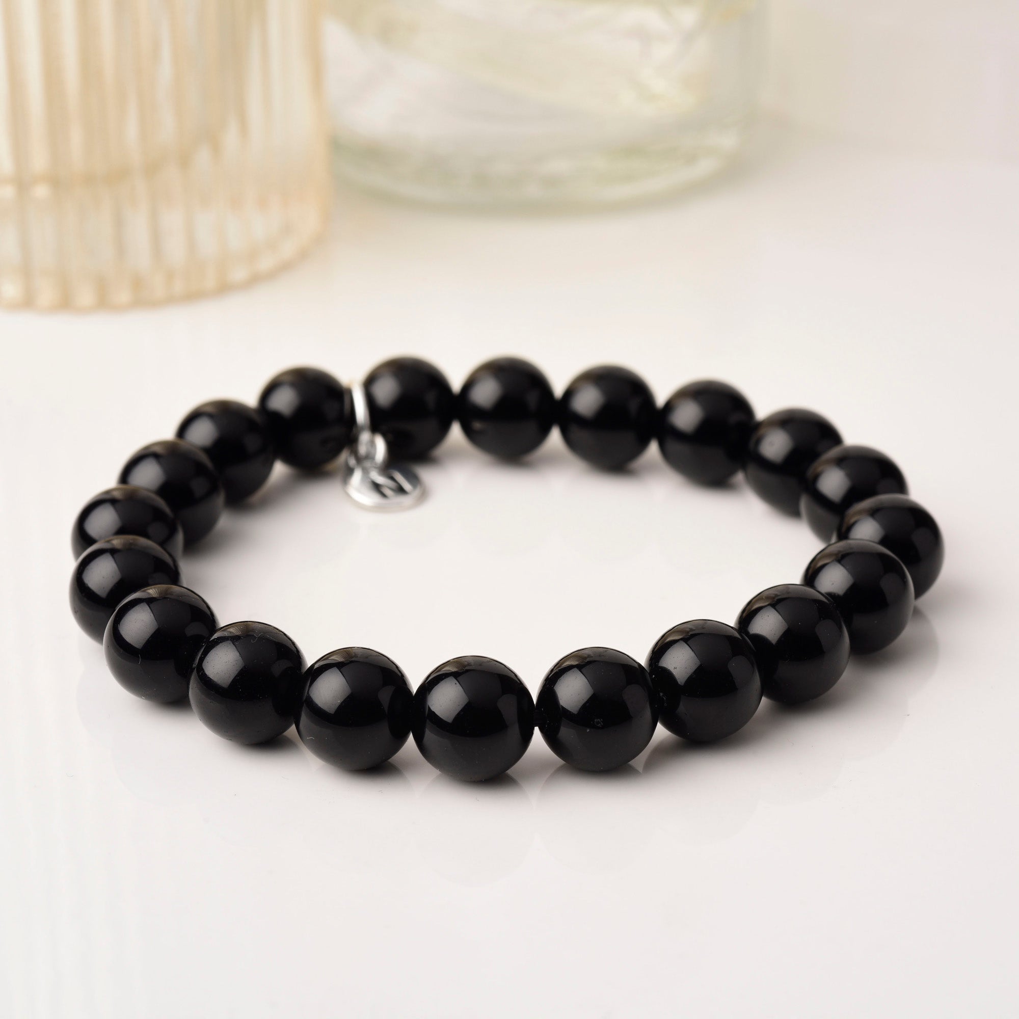 Black obsidian gemstone bead bracelet for men