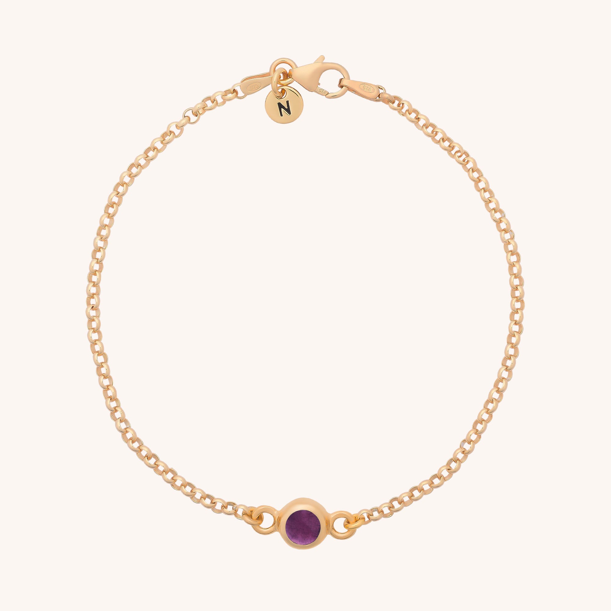 The Birthstone Gem Dot Bracelet features a delicate gold chain with a small round purple gemstone at the center and a circular gold charm near the clasp engraved with the letter N, making it an ideal personalized jewelry gift.