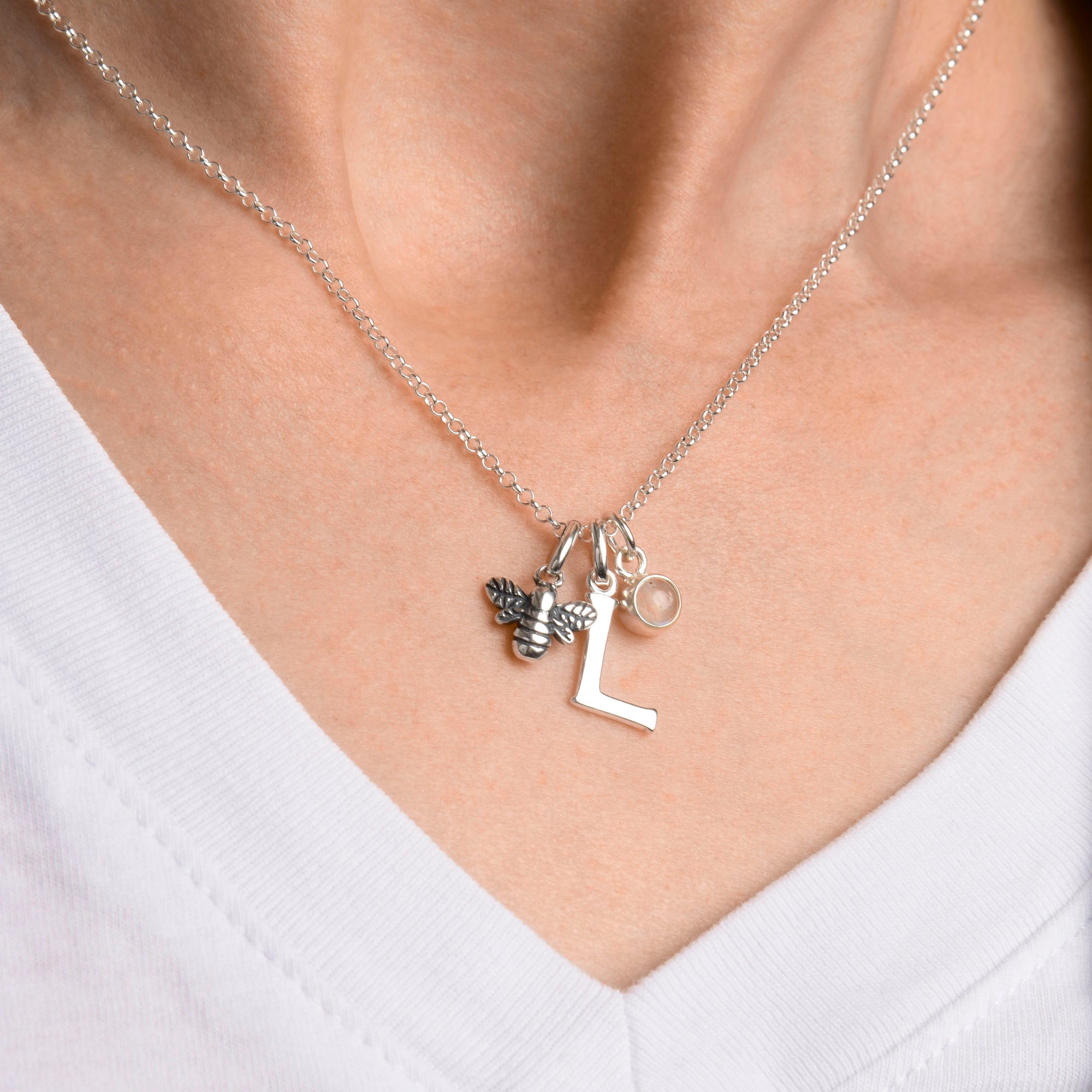 Nellou charming build your own necklace with sterling silver chain, initial charms, gemstone birthstone charms and novelty charms, personalised birthstone, birthday, present, gift