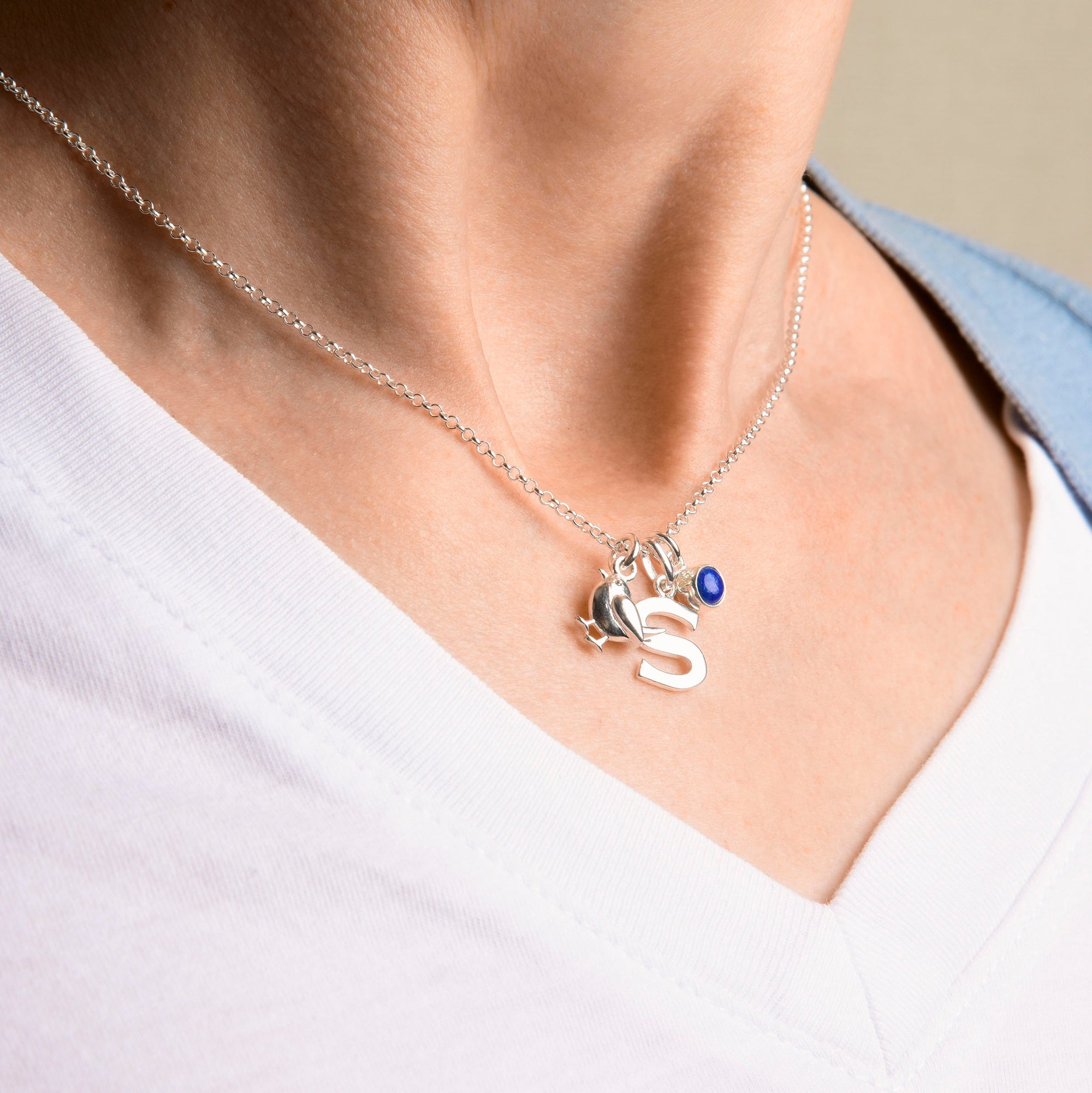 Nellou charming build your own necklace with sterling silver chain, initial charms, gemstone birthstone charms and novelty charms, personalised birthstone, birthday, present, gift