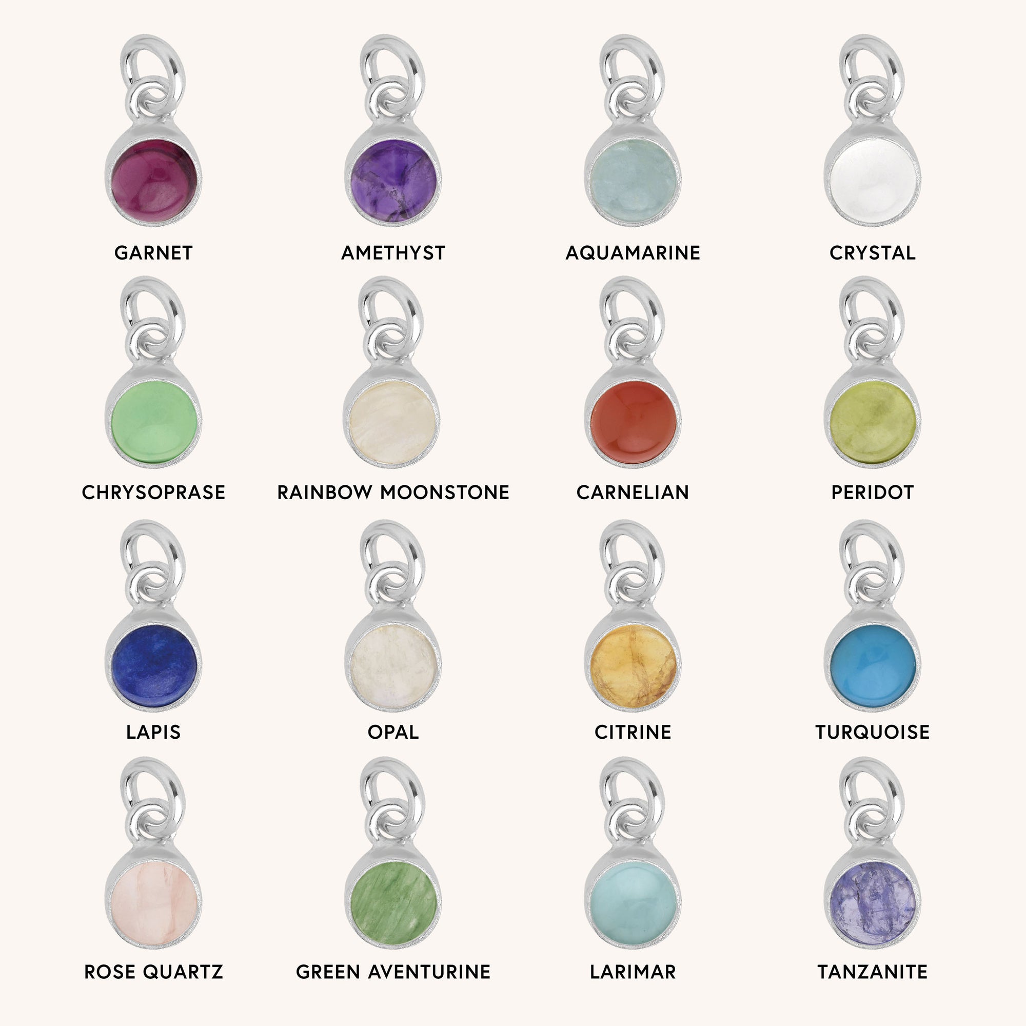 A Belcher Chain displays fifteen round gemstone charms in recycled sterling silver, each labeled with its name: garnet, amethyst, aquamarine, crystal, rainbow moonstone, opal, rose quartz, and more.