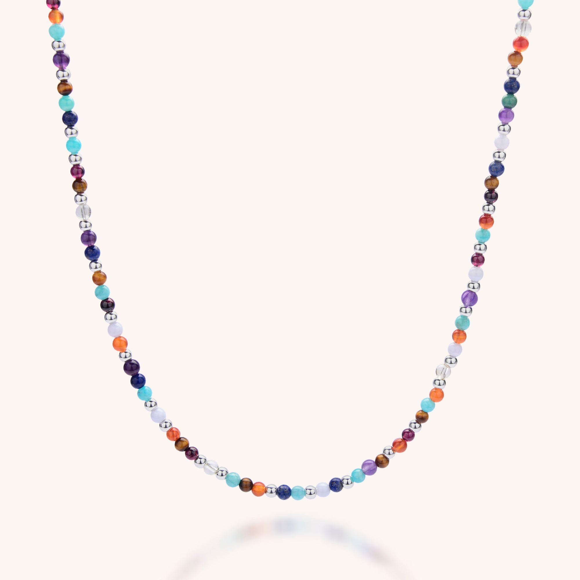 Nellou Mixed gemstone necklace sterling silver with carnelian, tiger eye, amazonite, lapis , amethyst, crystal, blue lace agate natural gemstone necklace