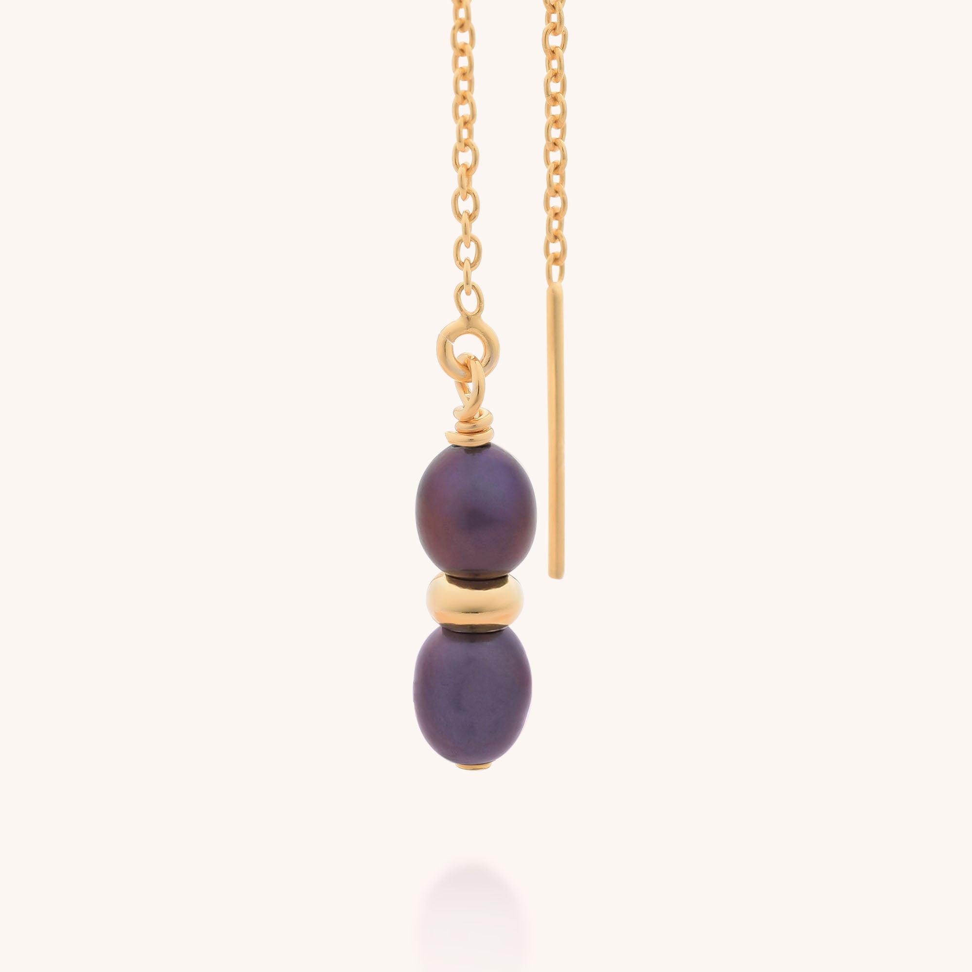 The Ellen Pearl Fall Earrings feature two dark purple beads stacked vertically, each separated and capped by small gold discs, with a slender gold bar hanging beside the beads.