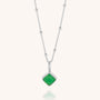 The Diamond Birthstone Necklace May features a silver chain with small beads and a square-shaped chrysoprase pendant in a silver setting, known for its healing properties, displayed on a plain light background.