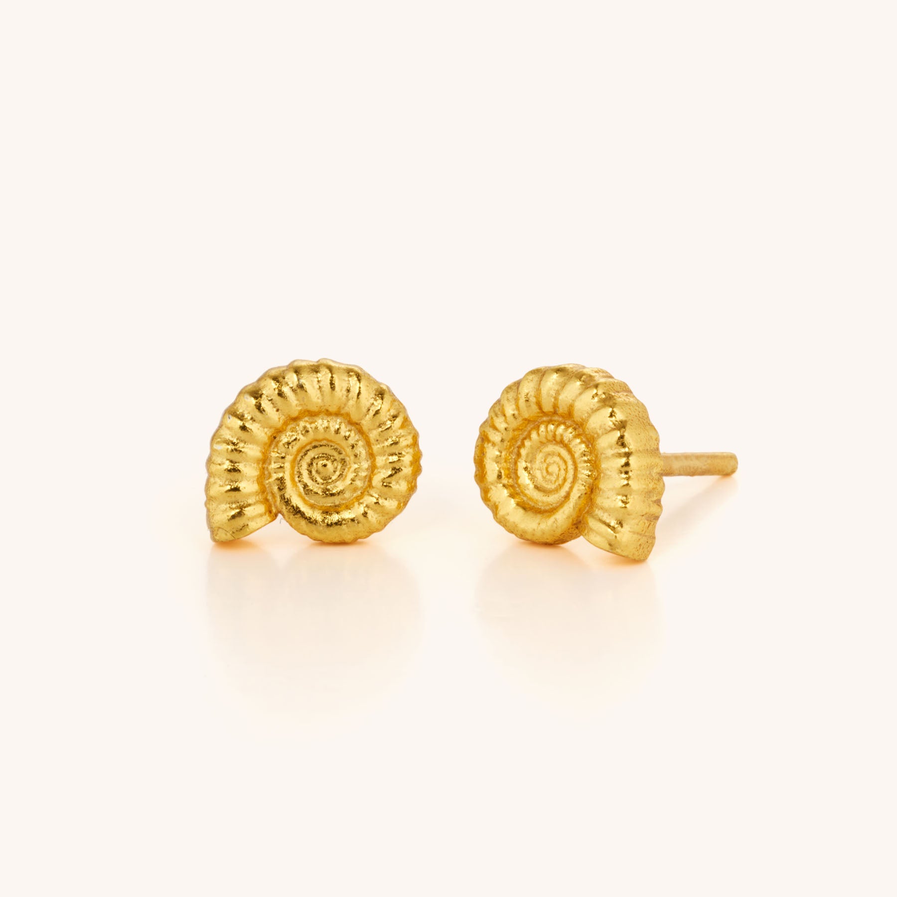 Ammonite Earrings: Gold stud earrings shaped like detailed spiral seashells, each pair arrives in a soft jewellery pouch for safekeeping. Displayed on a plain, light background.