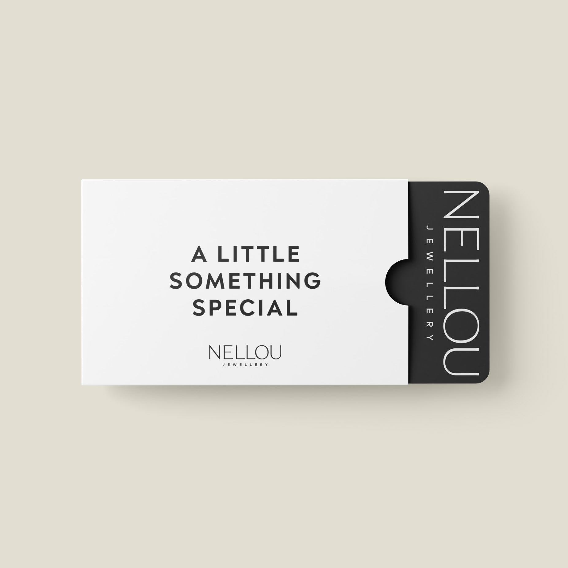 A white Digital Gift Card holder featuring A Little Something Special and NELLOU JEWELLERY on the front, with a black gift card inside displaying a unique code to redeem at checkout, partially sliding out from the side.