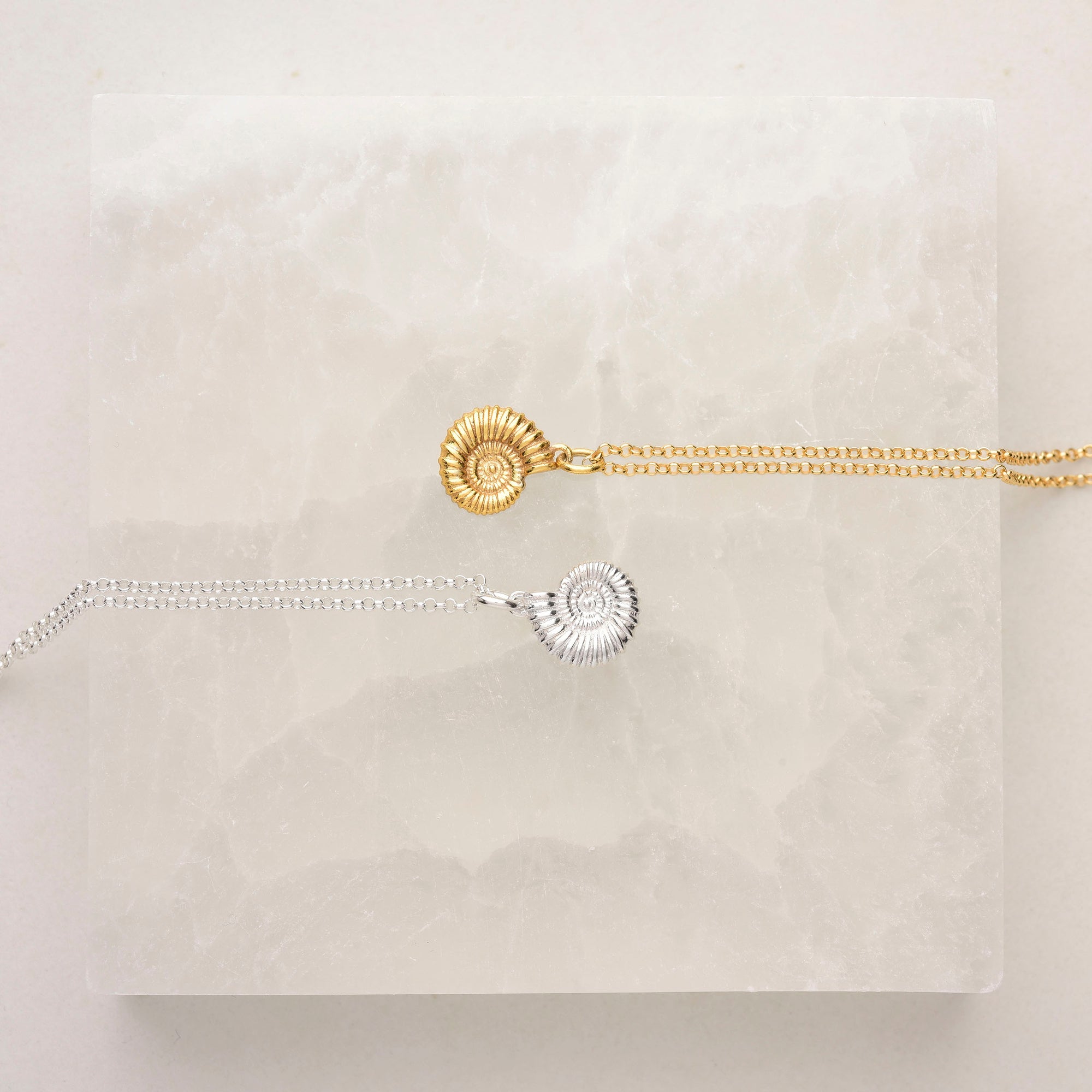 Two necklaces with seashell pendants are displayed on a light, textured square surface. One pendant and chain are gold, while the other pendant and chain are silver.