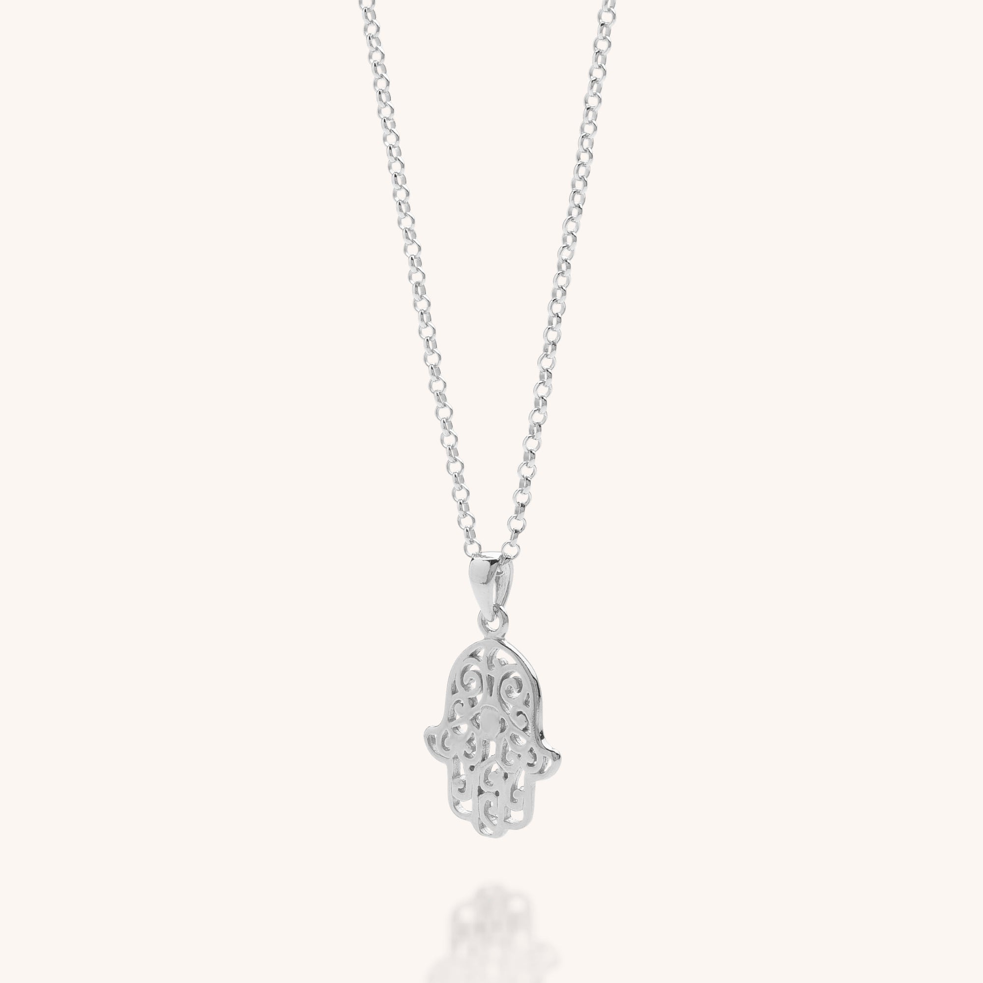 Nellou sterling silver hamsa hand necklace, hand of fatima necklace on eco silver chain perfect for layering, layered necklace