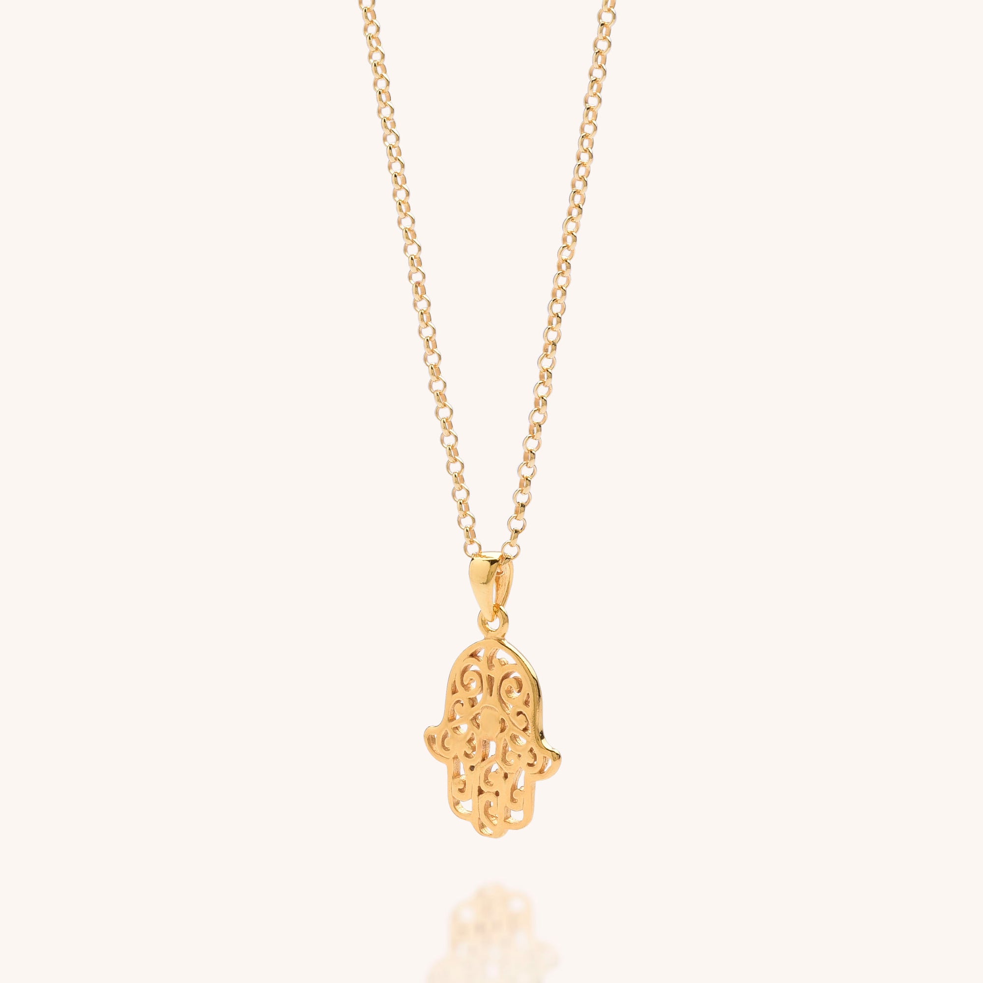 Nellou gold plated sterling silver hamsa hand necklace, hand of fatima necklace on eco silver chain perfect for layering, layered necklace