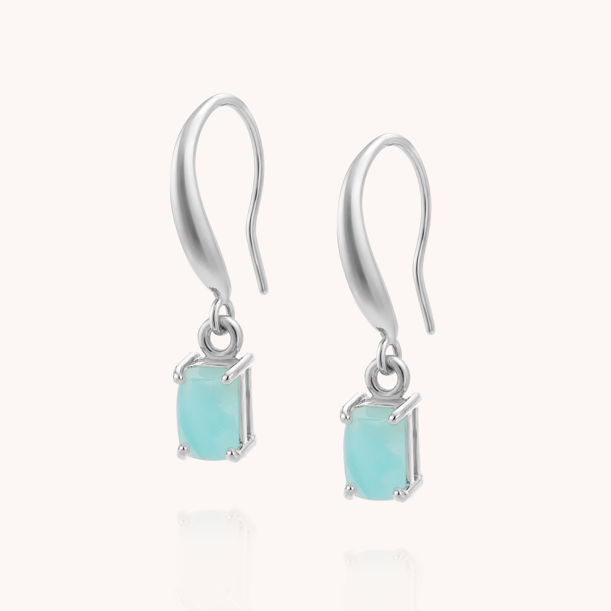 A pair of Amazonite Octavia Drop Earrings made from sterling silver, featuring rectangular light blue Amazonite gemstones, displayed against a plain white background.