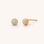 Aquamarine Mini Gem Dot Birthstone Earrings – March: Elegant gold studs each showcase a round, light blue aquamarine in a simple bezel setting—perfect birthstone earrings for March, shown on a light beige background.