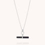 Black Onyx T-Bar Necklace featuring a silver chain with a circular ring and a sleek horizontal black T-bar pendant at the center, photographed against a plain light background.