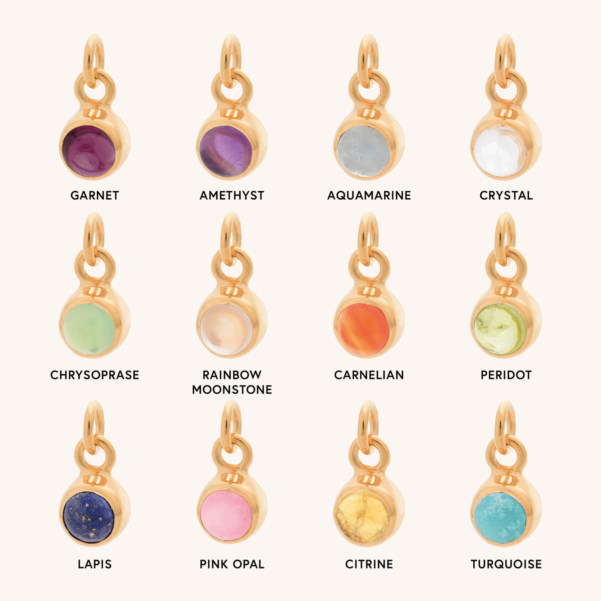 The HEX Personalised Birthstone Necklace – Gold Plated features twelve gold-framed gemstone charms, making it a meaningful and personalised gift.