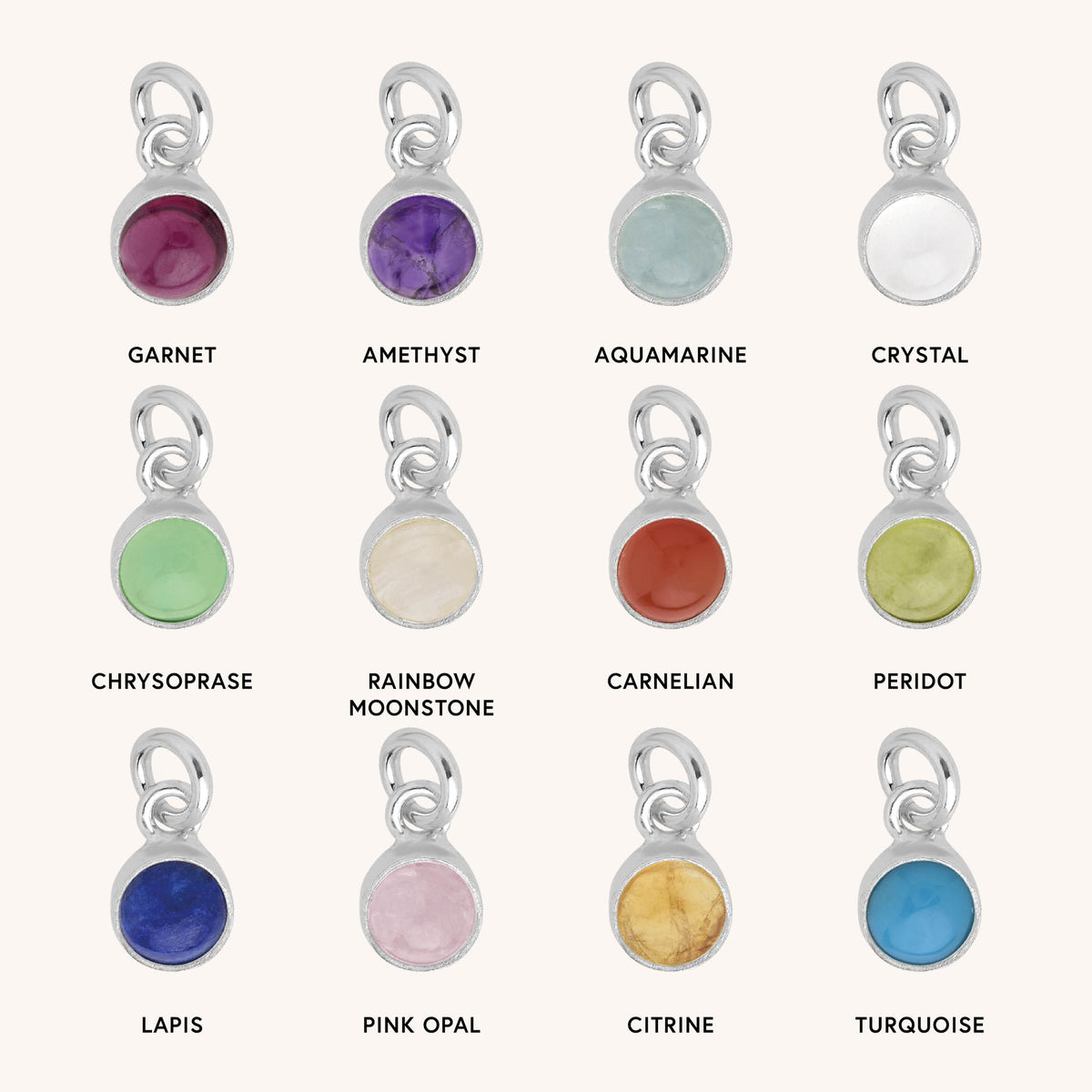 Twelve gemstone charms in silver settings—choose from Garnet, Amethyst, Lapis, Citrine, Turquoise &amp; more. The HEX Personalised Birthstone Necklace – Sterling Silver is perfect for a personalised or birthstone necklace.