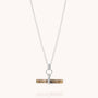 The Labradorite T-Bar Necklace showcases a silver chain with a horizontal, cylindrical labradorite stone pendant featuring brown and tan marbling, set in a simple silver T-bar setting—an elegant addition to any gemstone jewellery collection.