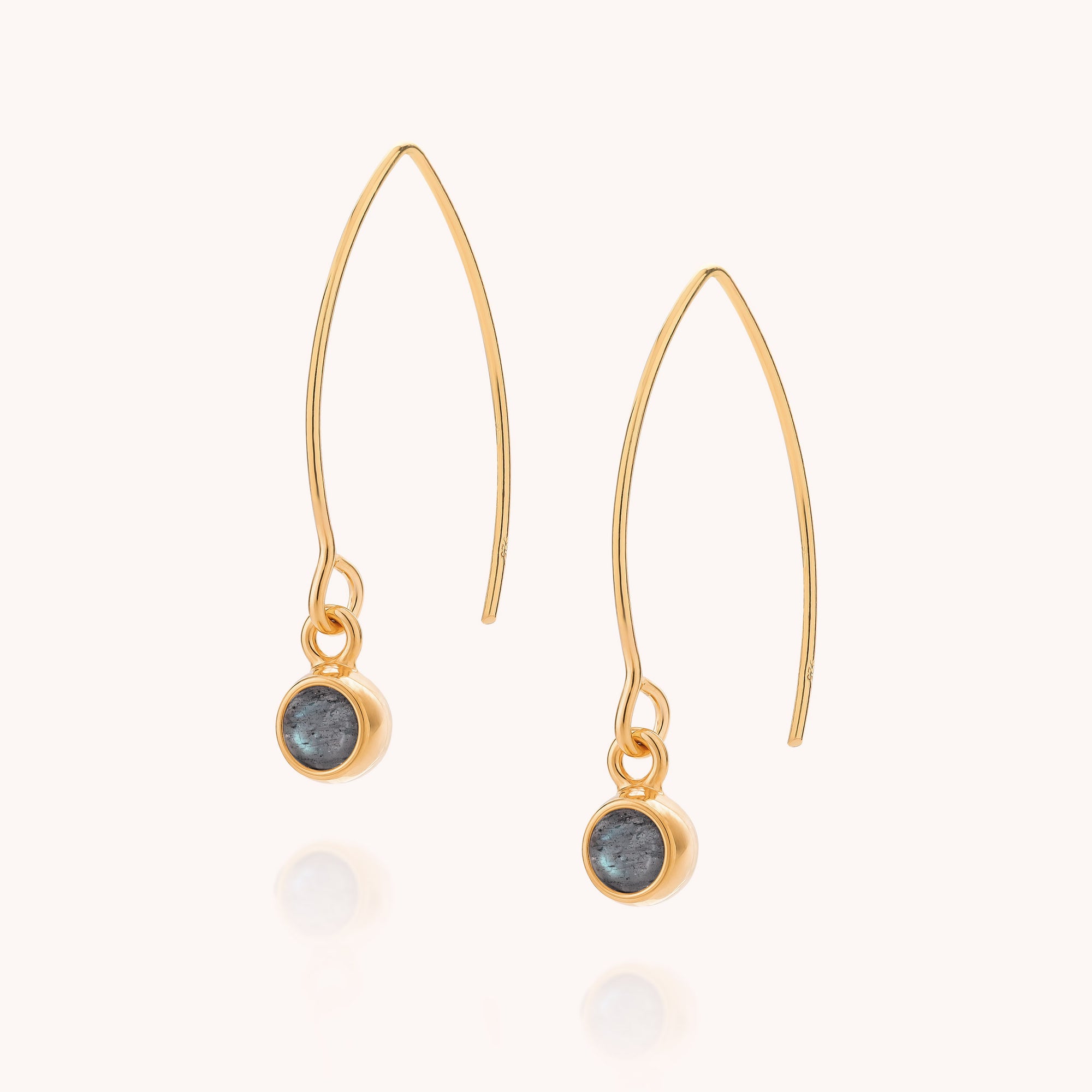 Labradorite Gem Dot Arc Earrings featuring gold arcs with curved hooks and small round gray labradorite stones, displayed on a light background.