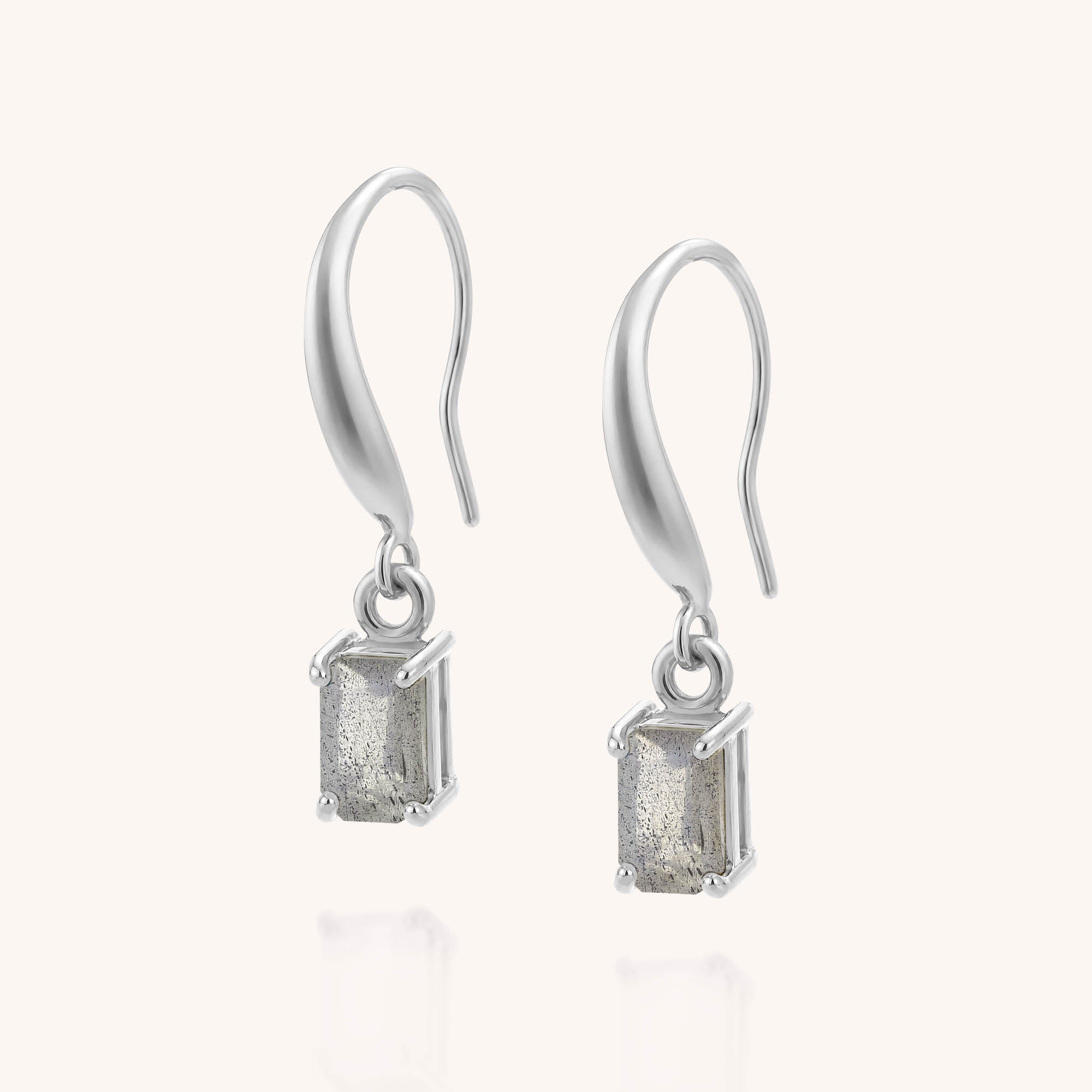A pair of Labradorite Octavia Drop Earrings in sterling silver, each featuring a rectangular labradorite stone set in a prong setting, photographed on a plain white background.