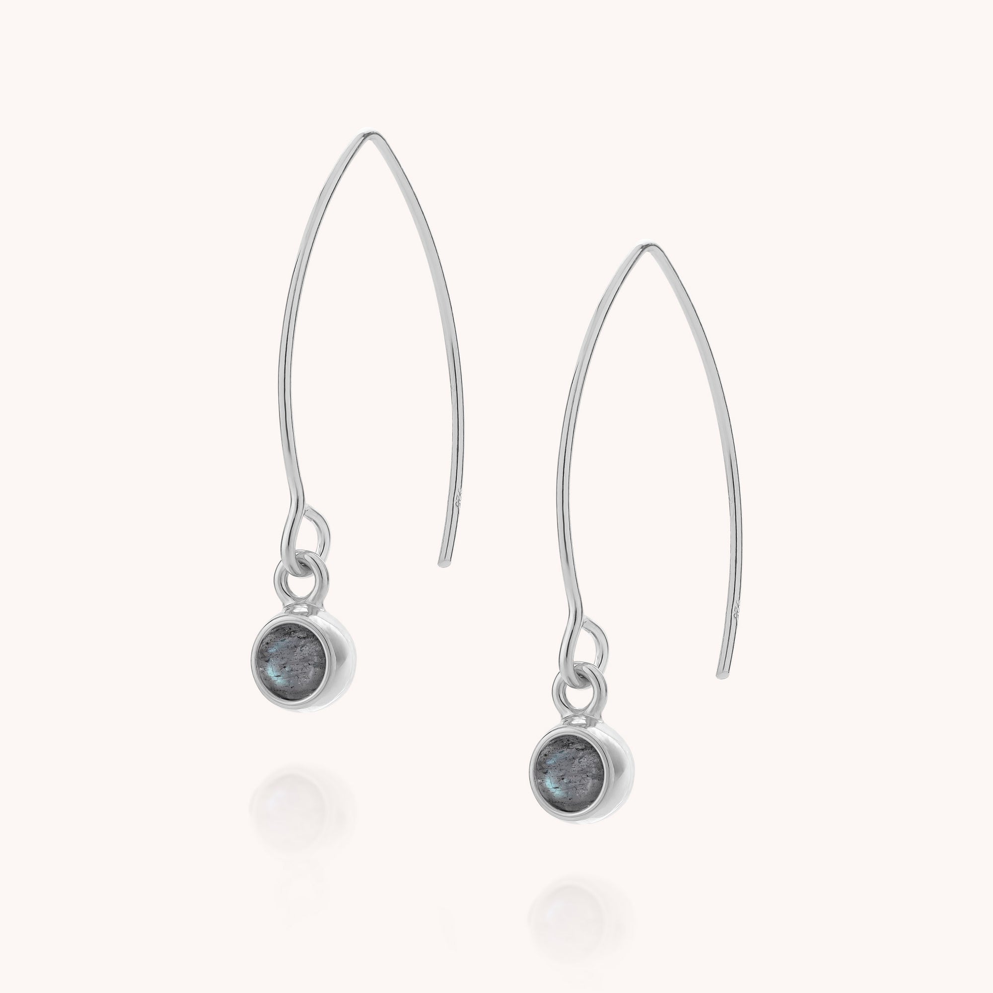 Introducing the Labradorite Gem Dot Arc Earrings, featuring elongated silver arcs with curved hooks and round, dark labradorite gemstone pendants at each end—these elegant earrings are showcased against a light background.