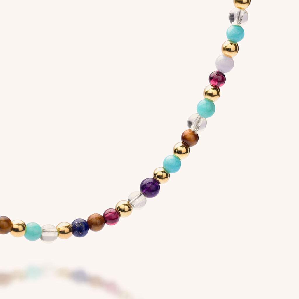 Nellou Mixed gemstone necklace gold plated sterling silver with tiger eye, amazonite, lapis , amethyst, crystal, peridot natural gemstone necklace