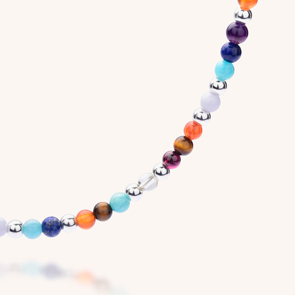 Nellou Mixed gemstone necklace sterling silver with carnelian, tiger eye, amazonite, lapis , amethyst, crystal, blue lace agate natural gemstone necklace