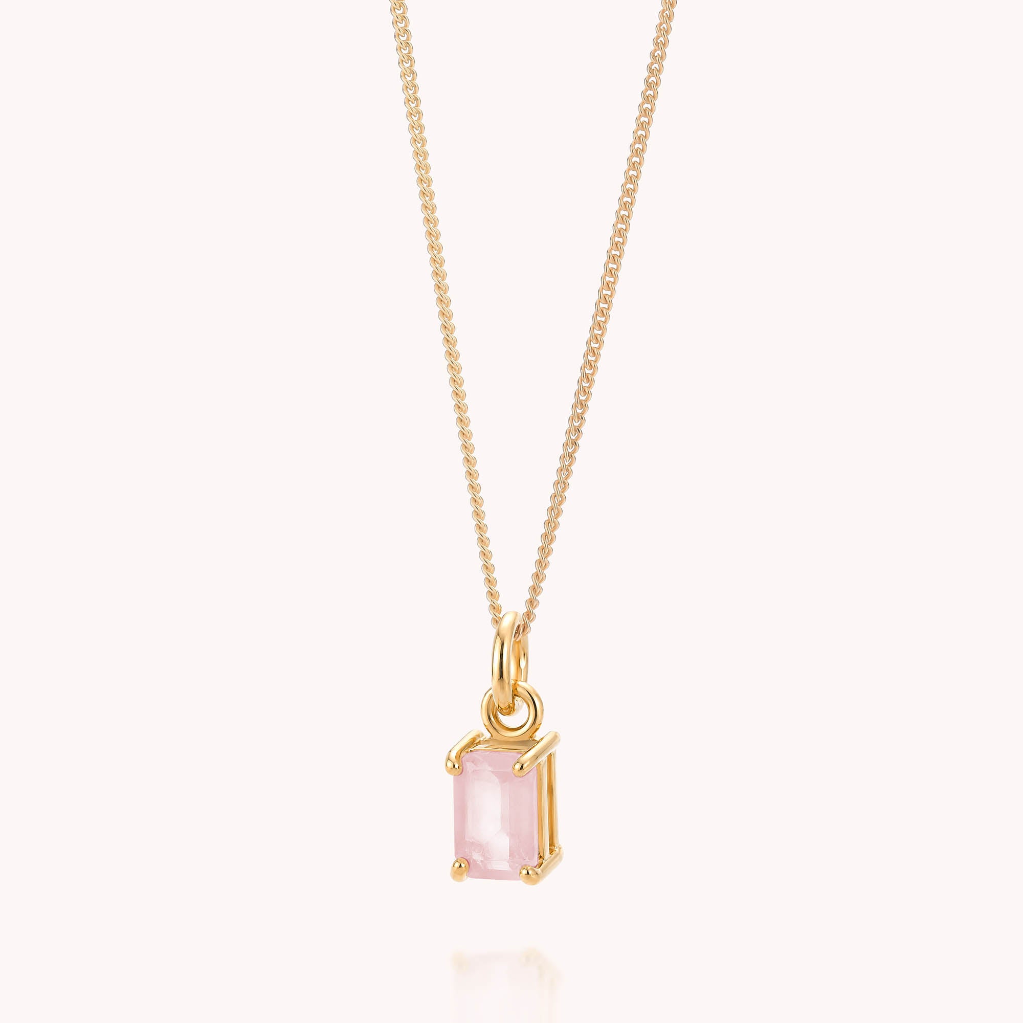Rose Quartz Octavia Necklace featuring a fine gold chain and an octagonal pendant set with a rectangular rose quartz gemstone in a gold frame, displayed against a plain light background.