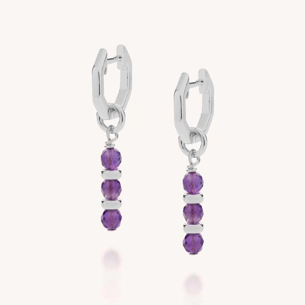 Pair of silver earhoops with amethyst February birthstone