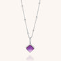 The Amethyst Diamond Birthstone Necklace February showcases a square-cut amethyst pendant in sterling silver on a delicate silver chain with bead accents, displayed on a light background—an ideal February birthstone gift.